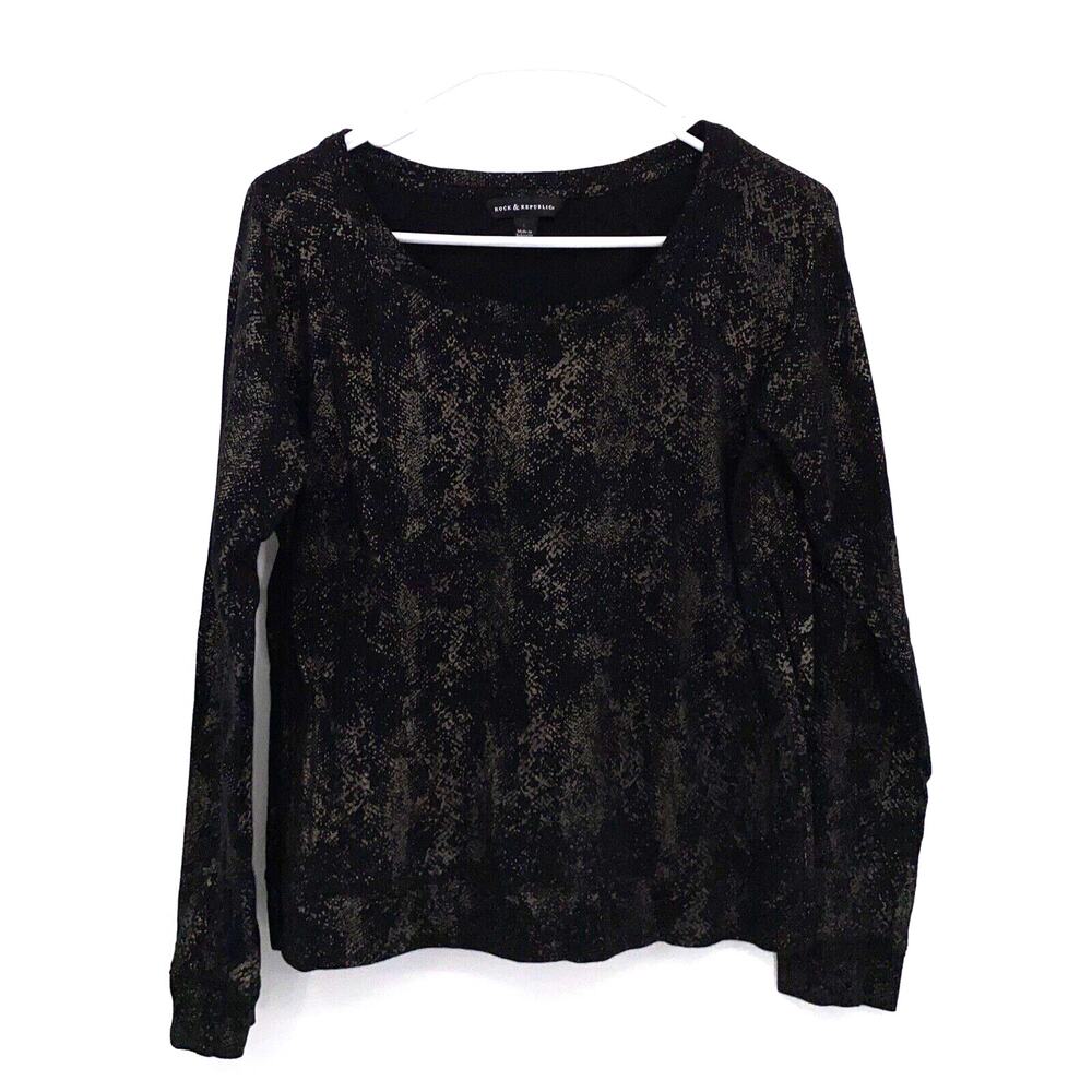 Rock & Republic Womens Black Gold Metallic Raglan Sleeve Pullover Top Tee Large